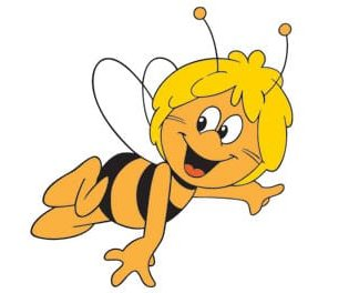 Une abeille de dessin animé vole sur un fond blanc.