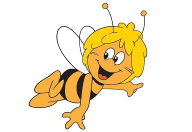 Une abeille de dessin animé vole sur un fond blanc.