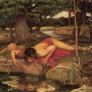 Une peinture d'un homme à côté d'un étang.