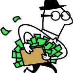 Un homme de dessin animé qui court avec une mallette pleine d'argent.