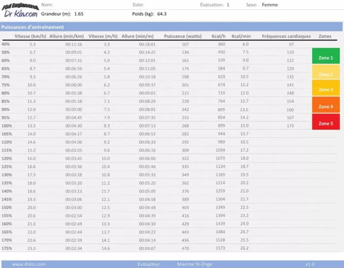 Capture d'écran d'une feuille de calcul montrant un certain nombre de nombres représentant les résultats du test Mesure de la capacité aérobie.